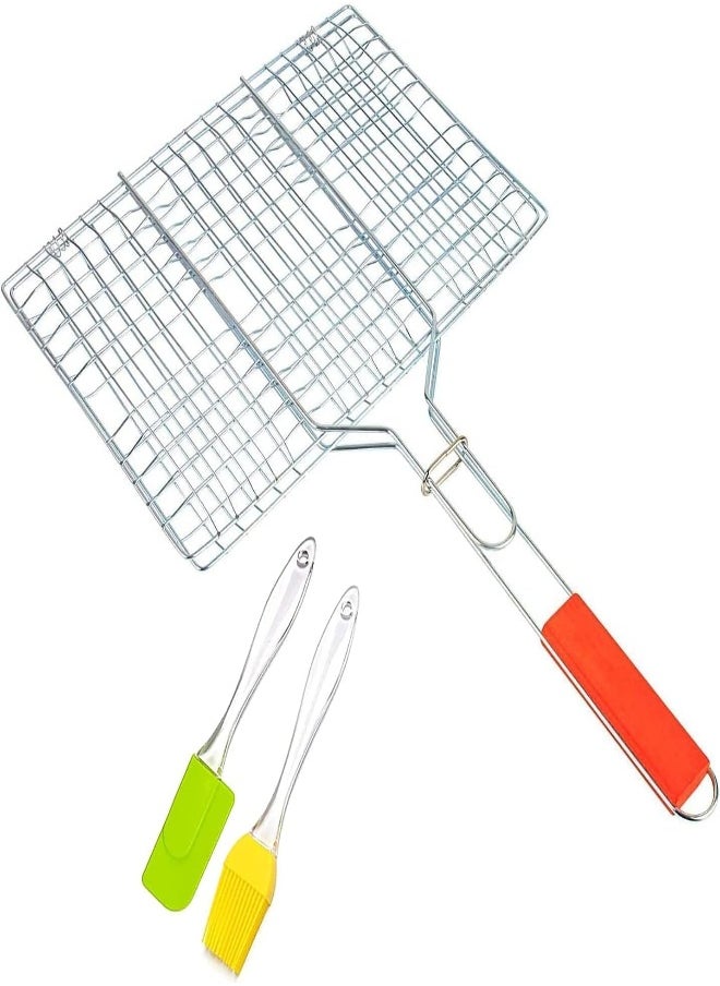 Eowqon® Chromium Plating Barbecue Grill Net Basket With Wooden Handel (Grill Basket-Small)