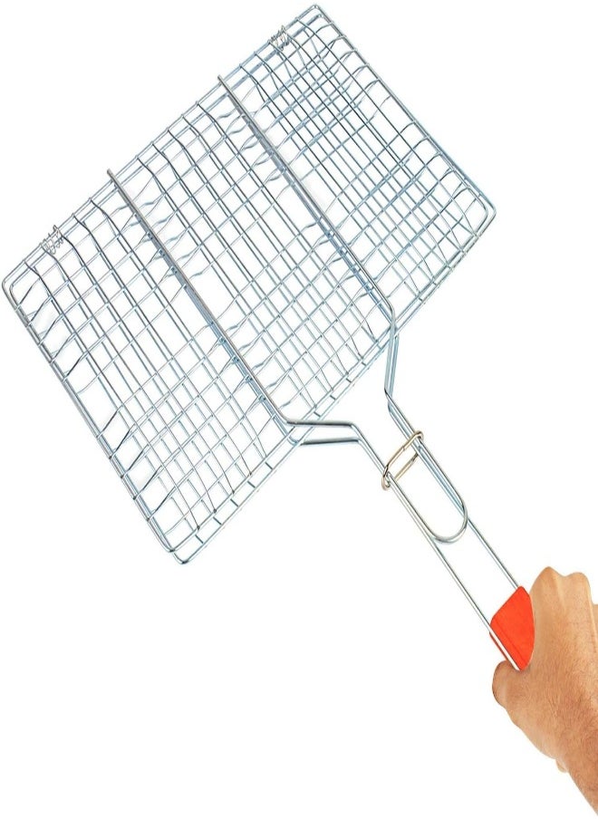 Eowqon® Chromium Plating Barbecue Grill Net Basket With Wooden Handel (Grill Basket-Small)