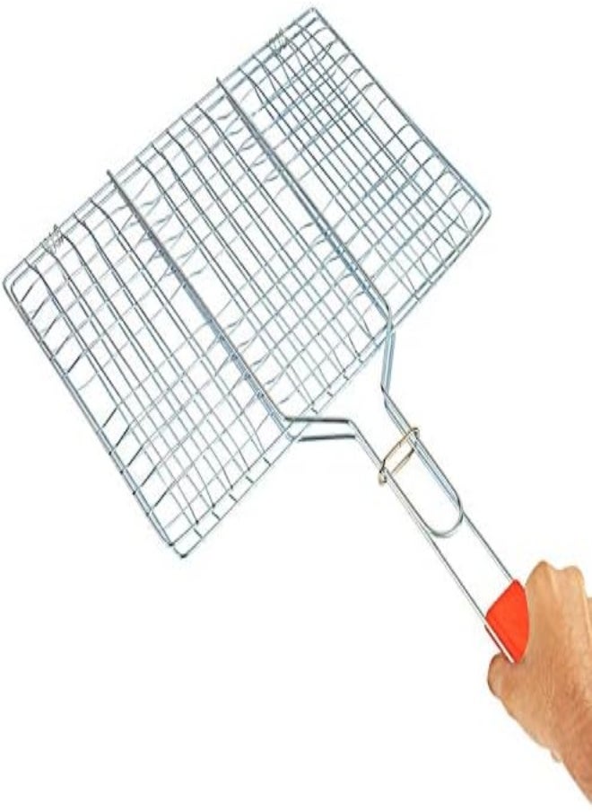 Eowqon® Chromium Plating Barbecue Grill Net Basket With Wooden Handel (Grill Basket-Small)