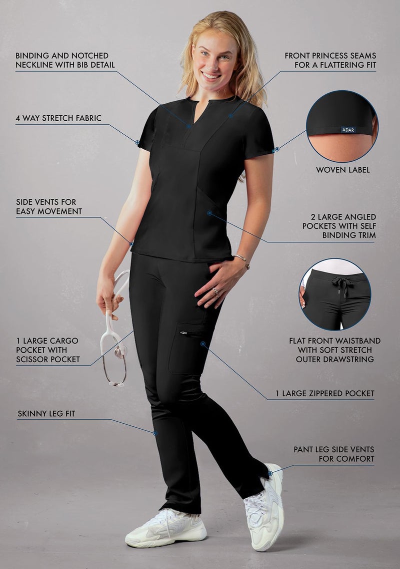 Adar Uniforms Addition Go-Higher Scrub Set for Women, Notched V-Neck Scrub Top & Skinny Cargo Scrub Pants, A9600, Black, M - Image 3