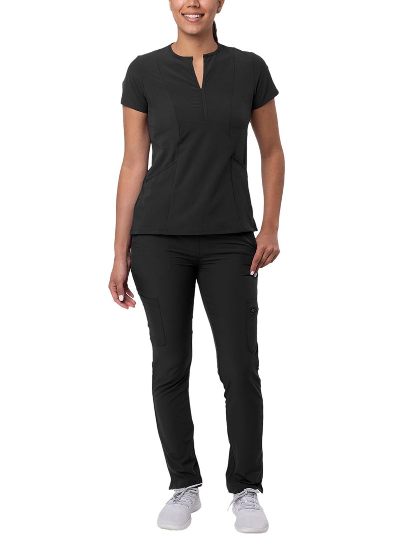 Adar Uniforms Addition Go-Higher Scrub Set for Women, Notched V-Neck Scrub Top & Skinny Cargo Scrub Pants, A9600, Black, M - Image 1