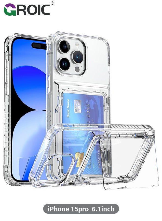 GROIC iPhone 15 Pro Case Wallet Clear Flip Cover Kickstand 4 Card Back Pocket Credit Card Holder ID Slot Rugged TPU Bumper PC Hard Protective Armor Hybrid Shell for iPhone 15 Pro  - Image 1