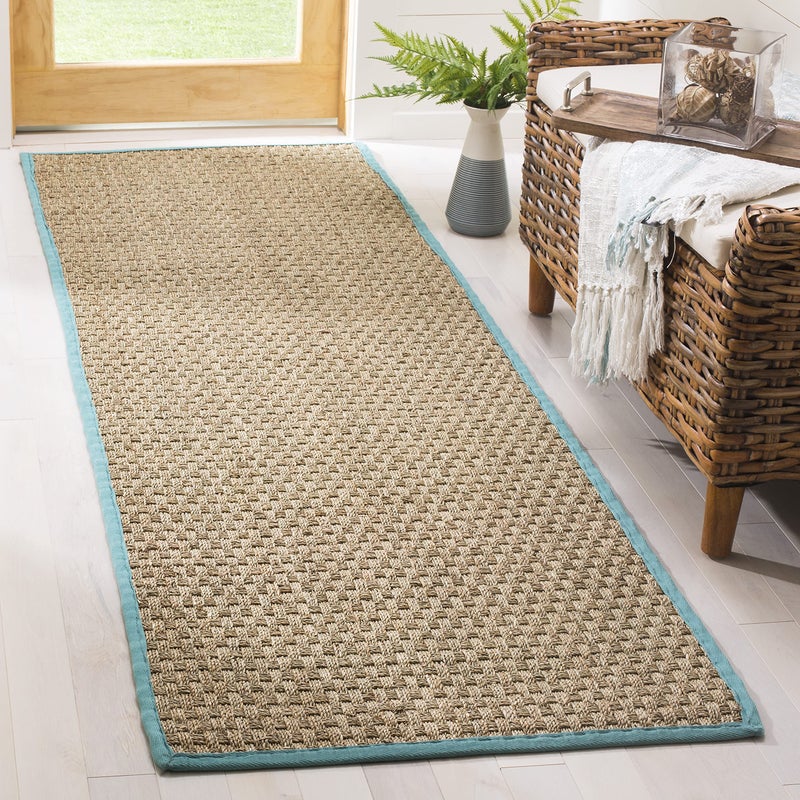 SAFAVIEH Natural Fiber Collection Runner Rug  26 x 8 Natural  Teal Border Basketweave Seagrass Design Easy Care Ideal for High Traffic Areas in Living Room Bedroom NF114R