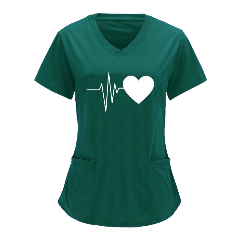 Cross-border European and American Nurses Wear and Care Tooling V-neck Double Pocket Heartbeat Love Printed Shirt Short-sleeved T-shirt plus size Green