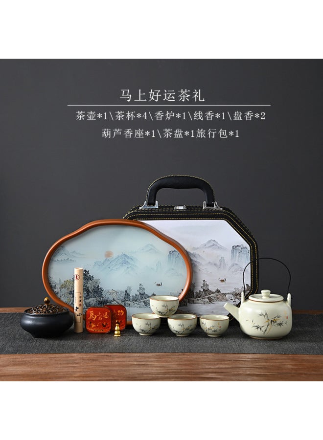 Year Of The Horse Business Gift Ceramic Tea Set, Chinese Hand-painted Bamboo Charm Handle Pot, Tea Tray, Incense Ceremony Gift Box