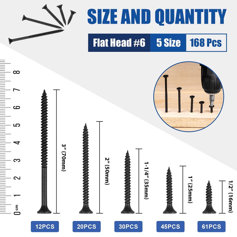 FVOLREM Wood Screws Assortment Kit, 168 PCS #6 Black Flat Head Phillips Self-Tapping Screws, High Hardness Carbon Steel, 5 Sizes (1/2", 1", 1-1/4", 2", 3") for Wood, Drywall, Slate - Image 2