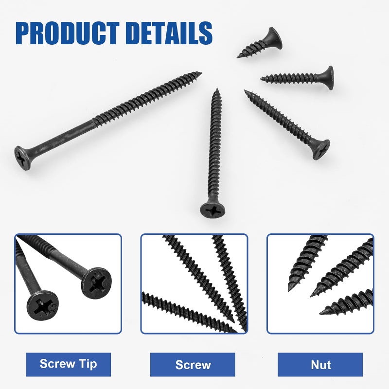 FVOLREM Wood Screws Assortment Kit, 168 PCS #6 Black Flat Head Phillips Self-Tapping Screws, High Hardness Carbon Steel, 5 Sizes (1/2", 1", 1-1/4", 2", 3") for Wood, Drywall, Slate - Image 4