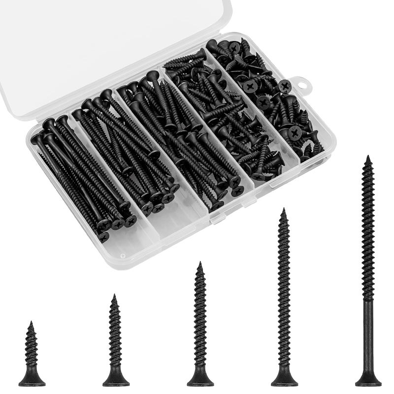 FVOLREM Wood Screws Assortment Kit, 168 PCS #6 Black Flat Head Phillips Self-Tapping Screws, High Hardness Carbon Steel, 5 Sizes (1/2", 1", 1-1/4", 2", 3") for Wood, Drywall, Slate - Image 1