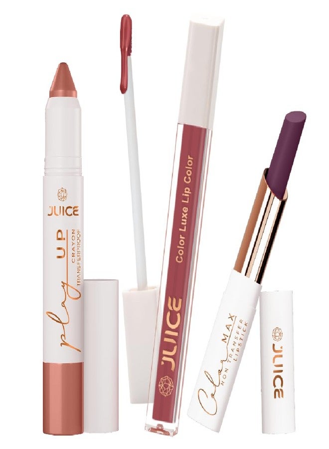 Juice Long Lasting, 3pc Lipstick Combo Set For Women(Keep It Profesh-MCR02 Lip Crayon, Dark Purple-M16 Liquid Lipstick, Plum-tastic-M14 Slim Stick) - Image 1