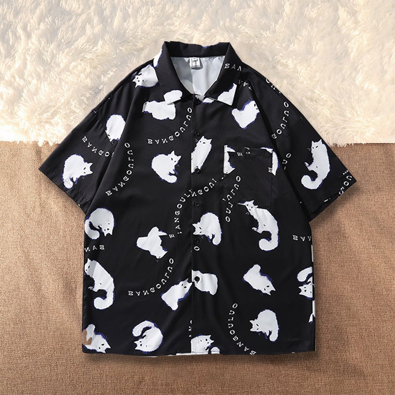 Internet Celebrity Cat Full Print Graffiti Shirt Men'S Short-Sleeved Summer Loose Design Sense American Street Shirt Ins Trendy Brand - Image 1