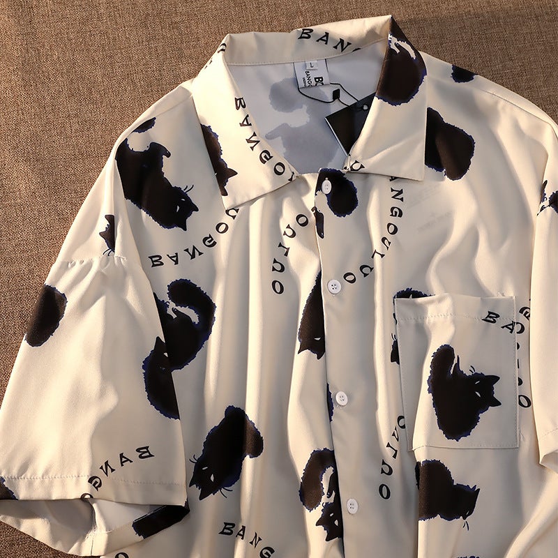 Internet Celebrity Cat Full Print Graffiti Shirt Men'S Short-Sleeved Summer Loose Design Sense American Street Shirt Ins Trendy Brand - Image 5