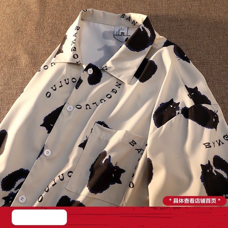 Internet Celebrity Cat Full Print Graffiti Shirt Men'S Short-Sleeved Summer Loose Design Sense American Street Shirt Ins Trendy Brand - Image 3