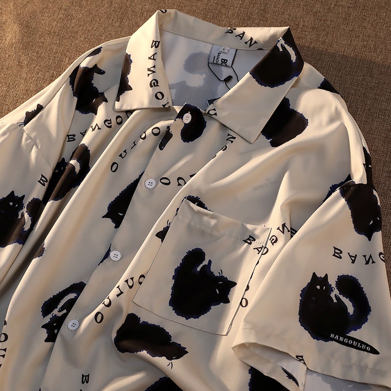 Internet Celebrity Cat Full Print Graffiti Shirt Men'S Short-Sleeved Summer Loose Design Sense American Street Shirt Ins Trendy Brand - Image 4