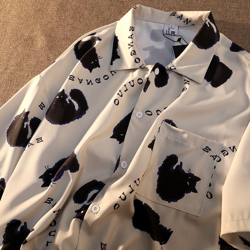 Internet Celebrity Cat Full Print Graffiti Shirt Men'S Short-Sleeved Summer Loose Design Sense American Street Shirt Ins Trendy Brand - Image 2