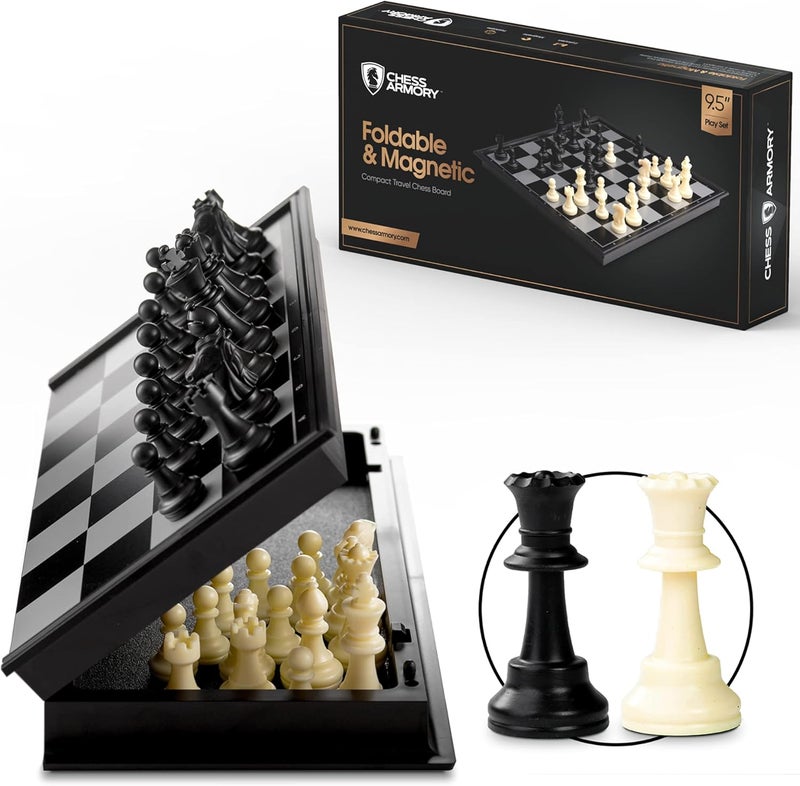 Chess Armory Magnetic 9.5 Inches Travel Chess Set - Folding Board with Storage Box & 2 Extra Queen. - Image 1