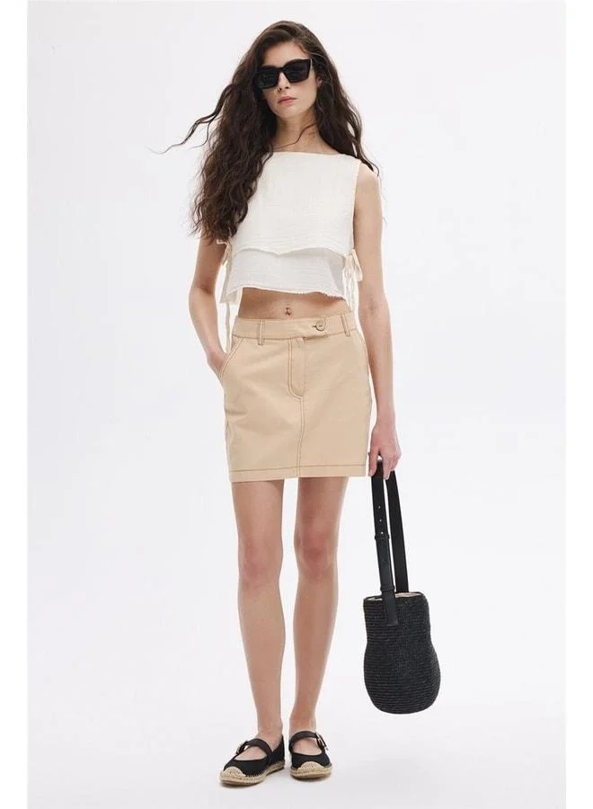 Sherin Sand Beige Contrast Sewn Mini Skirt