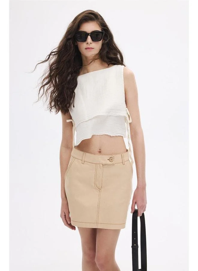 Sherin Sand Beige Contrast Sewn Mini Skirt