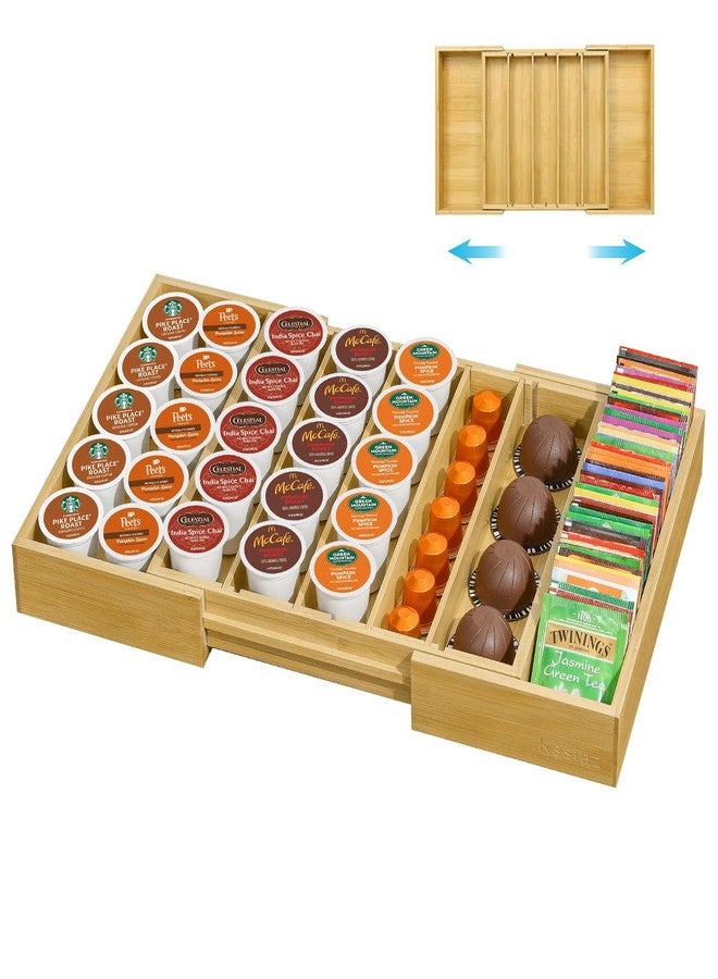 حامل كبسولات قهوة Kssiaz، حامل كبسولات K من الخيزران متوافق مع كبسولات Nespresso Vertuo، منظم أدراج لـ 25-45 كبسولة K لمحطة القهوة في المنزل والمكتب والمطبخ (خيزران) - Image 1