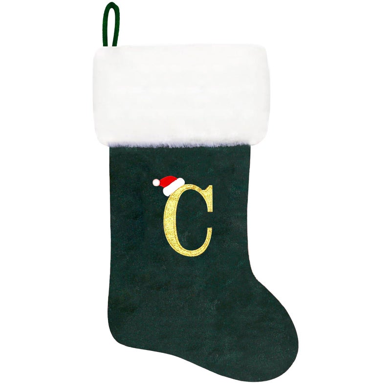 Eoocan 20 Inches Monogram Christmas Stockings Green Velvet with White Super Soft Plush Cuff Embroidered Xmas Stocking Classic Personalized Stocking Decoration for Family Holiday Season DecorLetter C