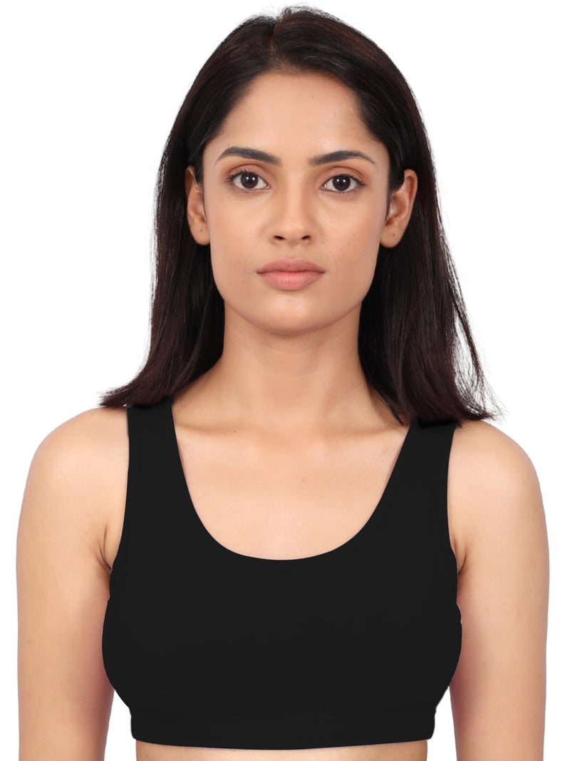 DChica Sports Bra for Women's, Cotton Non-Padded Full Coverage, Non-Wired T-Shirt Gym Workout Bra with Regular Broad Strap, Training Bra for Young Women (Pack of 1) Black - Image 1