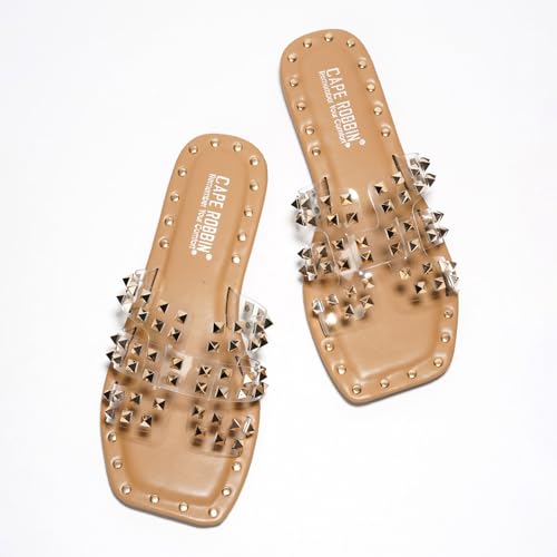 Cape Robbin Women's Gold Spike Studded Slide Sandals - Open Toe Slip On Lightweight Comfort for Beach Pool (Amisha) - Clear Size 10 - Image 5