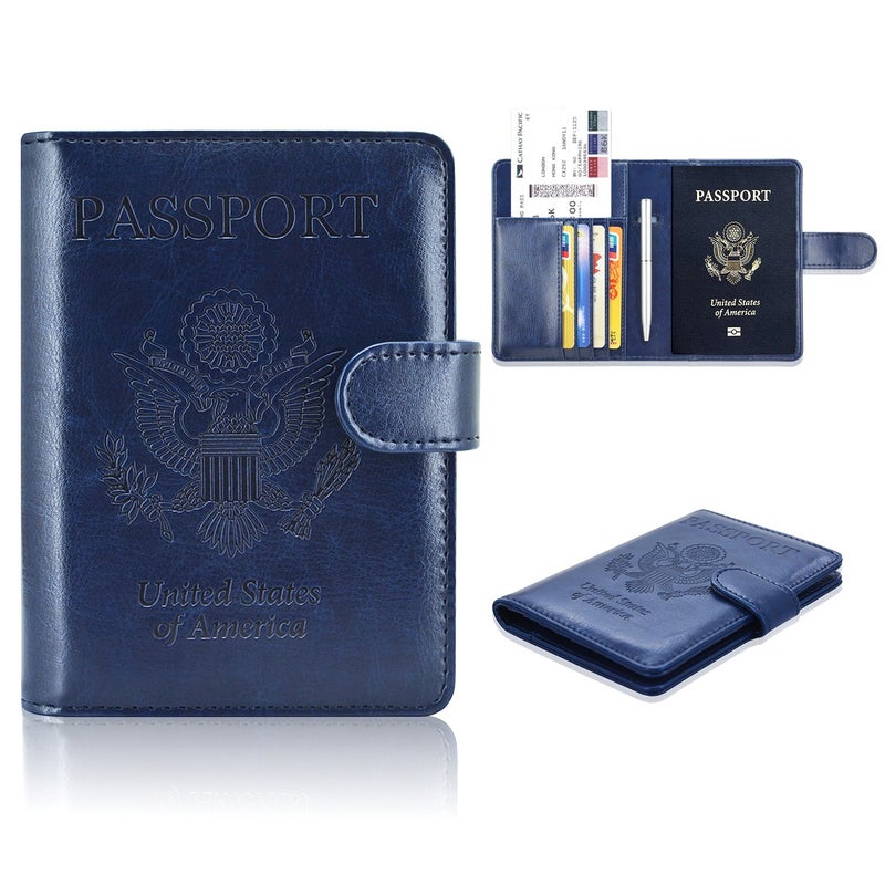 ACdream ACdream Passport Holder Cover, Leather Travel Wallet Case, RFID Blocking Document Organizer Protecrtor, with Slots for Credit Cards, Boarding Pass, for Women and Men - Dark Blue  - Image 1
