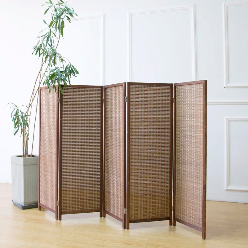 Furnnylane 5 Panel Short Room Divider Screen,Brown Freestanding Partition,Small Bamboo Panel Divider for Room Seperation,3.95 FT Tall - Image 1