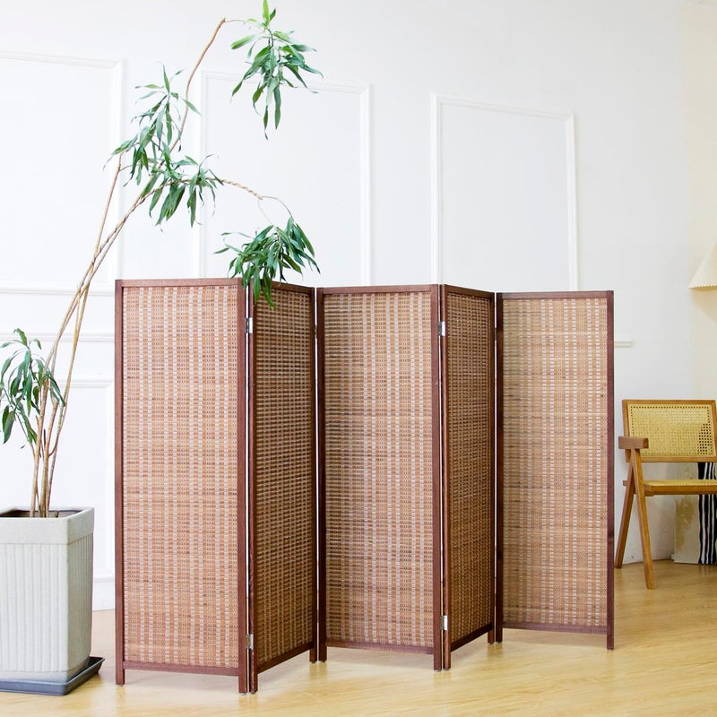 Furnnylane 5 Panel Short Room Divider Screen,Brown Freestanding Partition,Small Bamboo Panel Divider for Room Seperation,3.95 FT Tall - Image 2