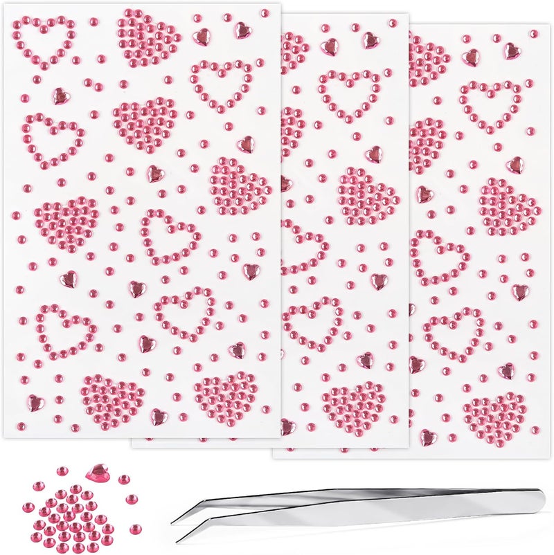 3Sheets Heart Gem Stickers Jewels for Crafts, Face Makeup - Self Adhesive Rhinestone Jewel Stickers, Stick on Gems Rhinestones for Crafts, Craft Supplies for Kids (06.Light Pink Heart)