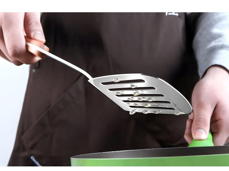 ARQIVO® Stainless Steel Wok Slotted Turner Spatula with Wooden Handle Metal Cooking Spatula Metal Kitchen Slotted Flipper for Grills Camping BBQ Frying Pancakes Burger, 14.2 Inch - Image 4