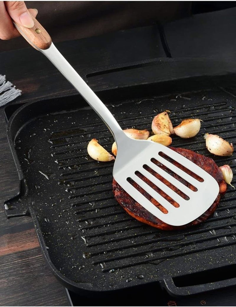 ARQIVO® Stainless Steel Wok Slotted Turner Spatula with Wooden Handle Metal Cooking Spatula Metal Kitchen Slotted Flipper for Grills Camping BBQ Frying Pancakes Burger, 14.2 Inch - Image 3
