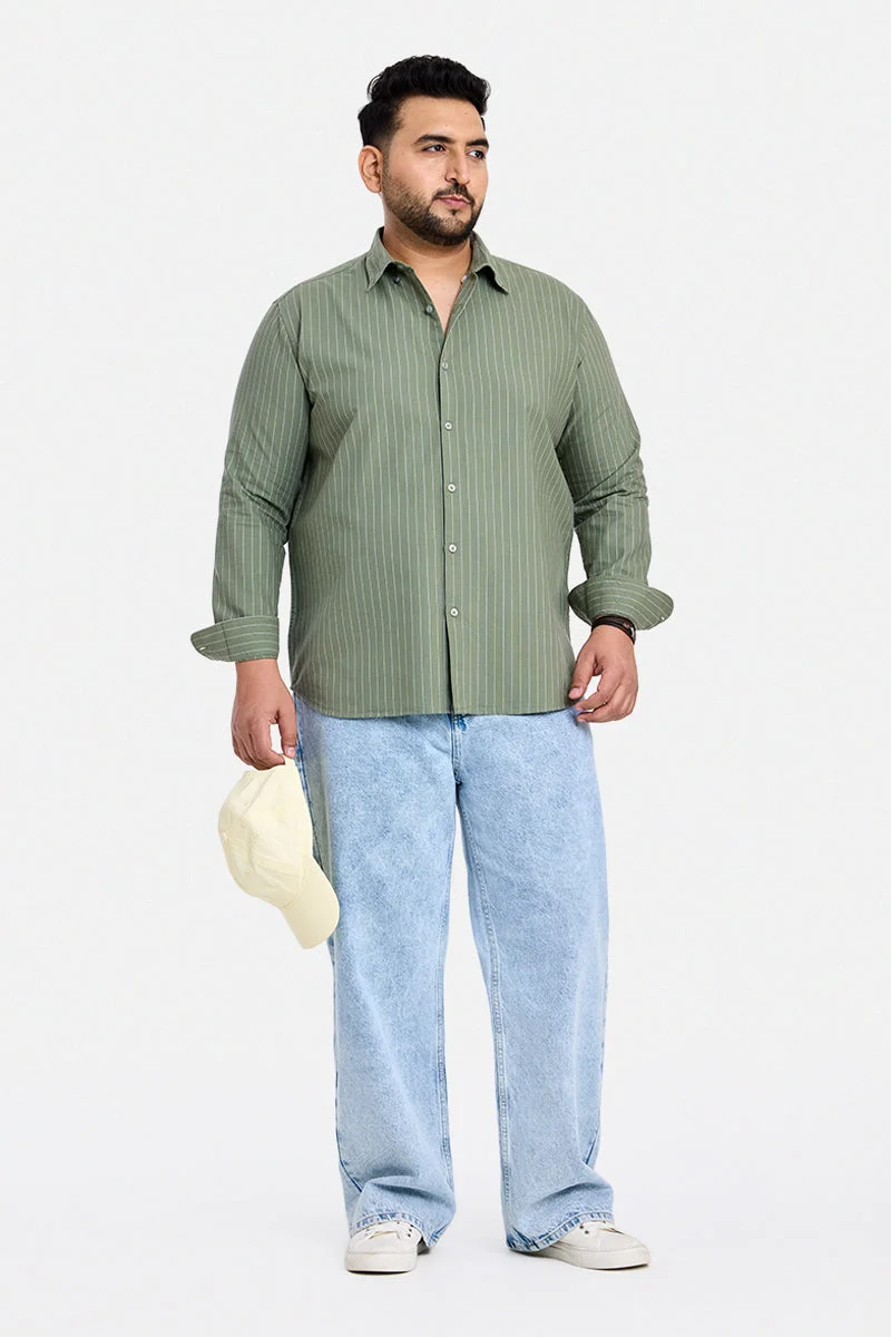 SNITCH Olive Striped Long Sleeve Regular Fit Casual Plus Size Shirt
