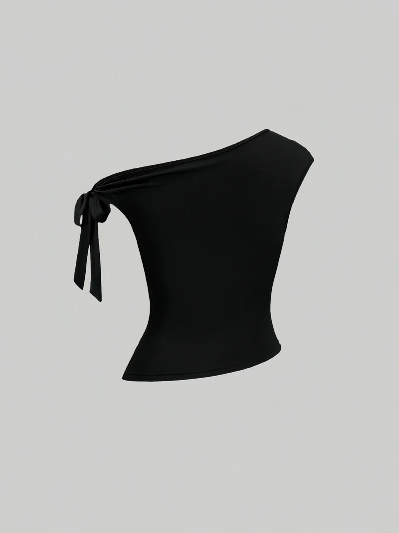 Take Two Black One Shoulder Knot-Detail Top