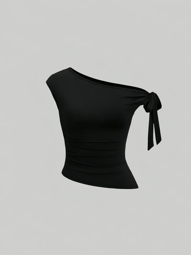 Take Two Black One Shoulder Knot-Detail Top