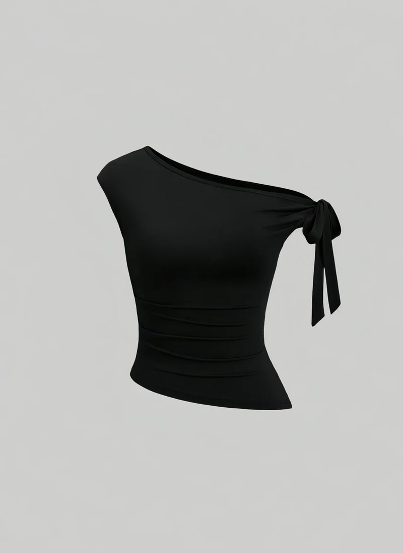Take Two Black One Shoulder Knot-Detail Top