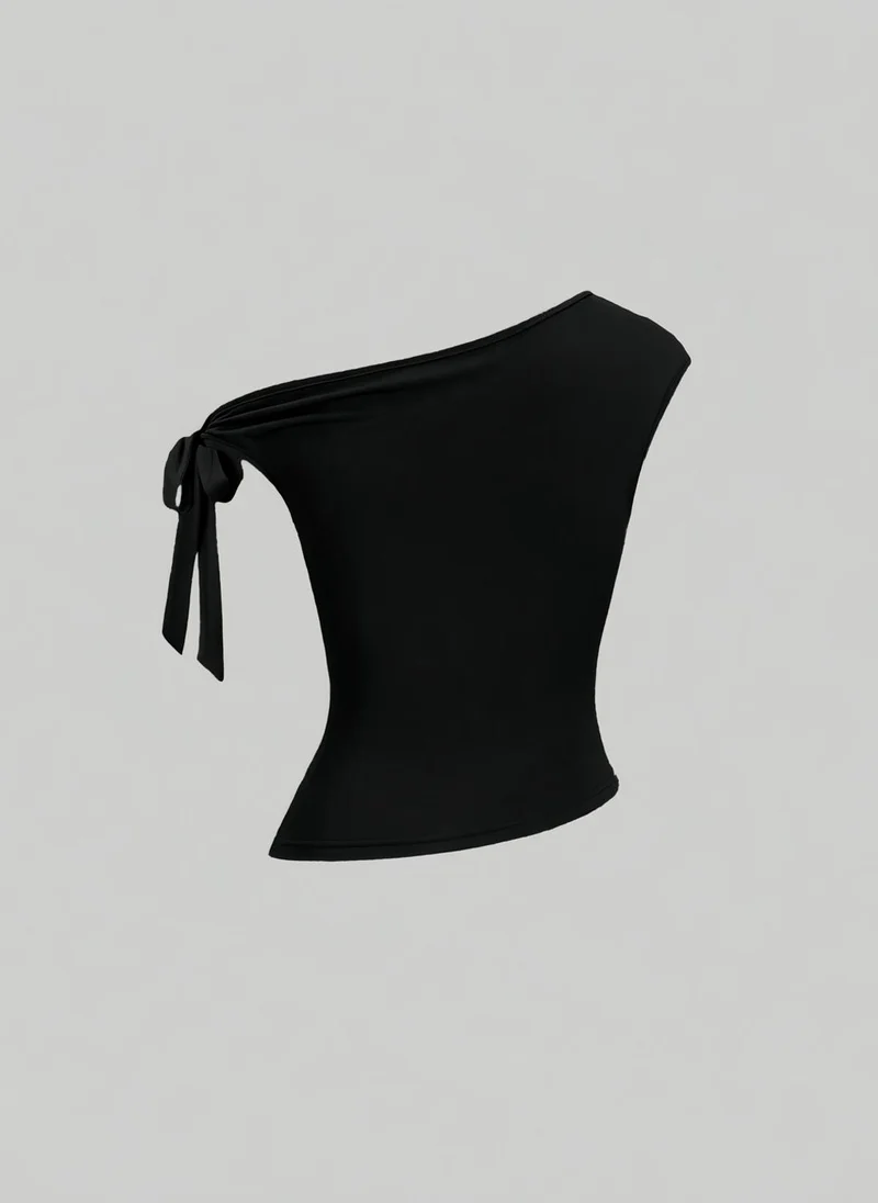 Take Two Black One Shoulder Knot-Detail Top