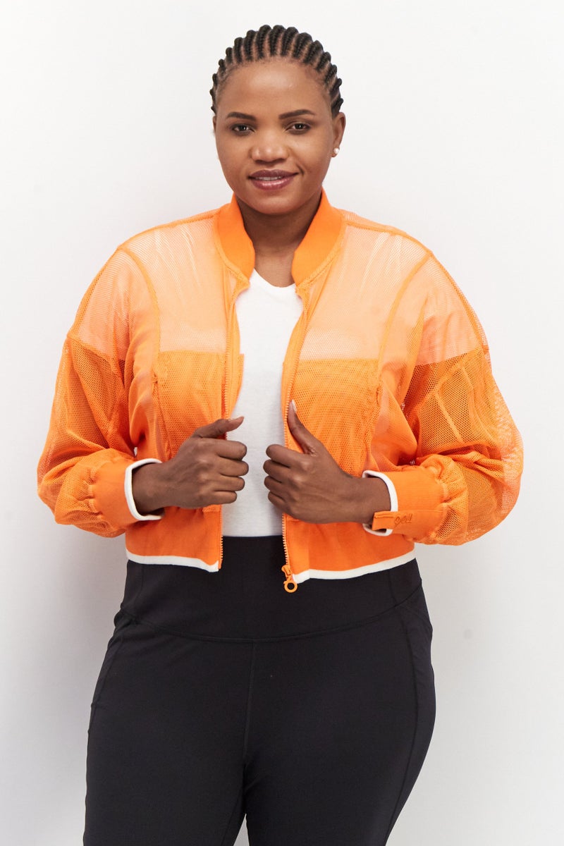 TRIBE OF 6 Women Embroidered Mesh Crop Bomber Jacket, Orange - Image 1