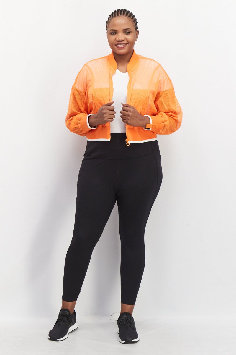 TRIBE OF 6 Women Embroidered Mesh Crop Bomber Jacket, Orange - Image 3