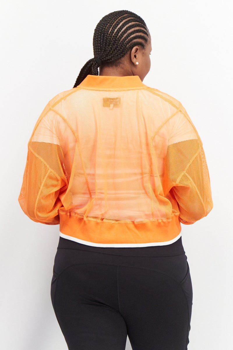 TRIBE OF 6 Women Embroidered Mesh Crop Bomber Jacket, Orange - Image 2