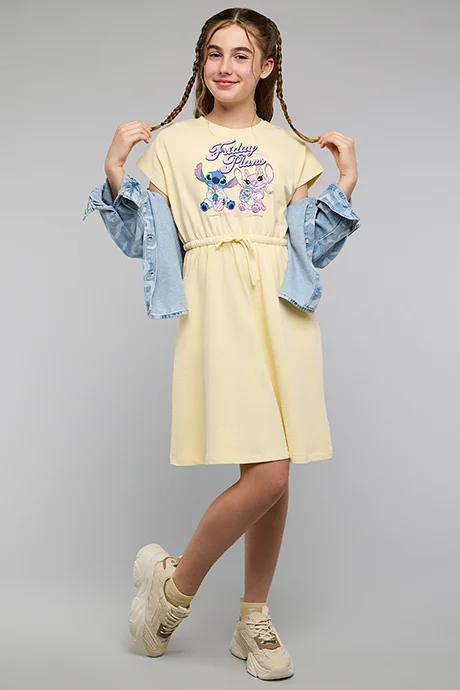 R&B Stitch Print Fit & Flare Dress with Crew Neck and Short Sleeves