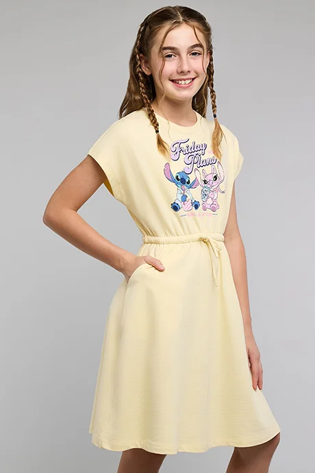 R&B Stitch Print Fit & Flare Dress with Crew Neck and Short Sleeves