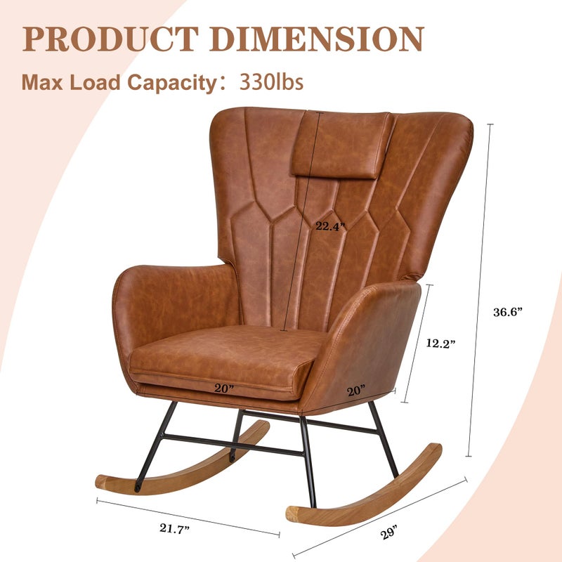 VECELO Rocking Chair Nursery with Thick Headrest, Modern PU Upholstered Reading Glider Rocker Accent Armchair with High Backrest, Padded Seat, Side Pocket, for LivingRoom, Bedroom, Baby Room, Brown - Image 3