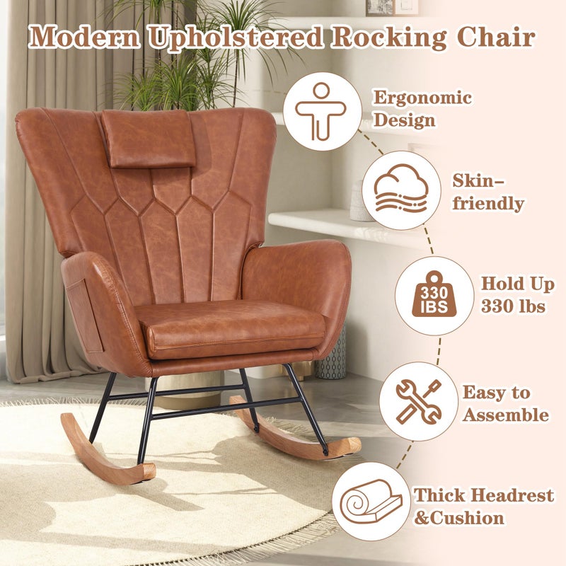 VECELO Rocking Chair Nursery with Thick Headrest, Modern PU Upholstered Reading Glider Rocker Accent Armchair with High Backrest, Padded Seat, Side Pocket, for LivingRoom, Bedroom, Baby Room, Brown - Image 4