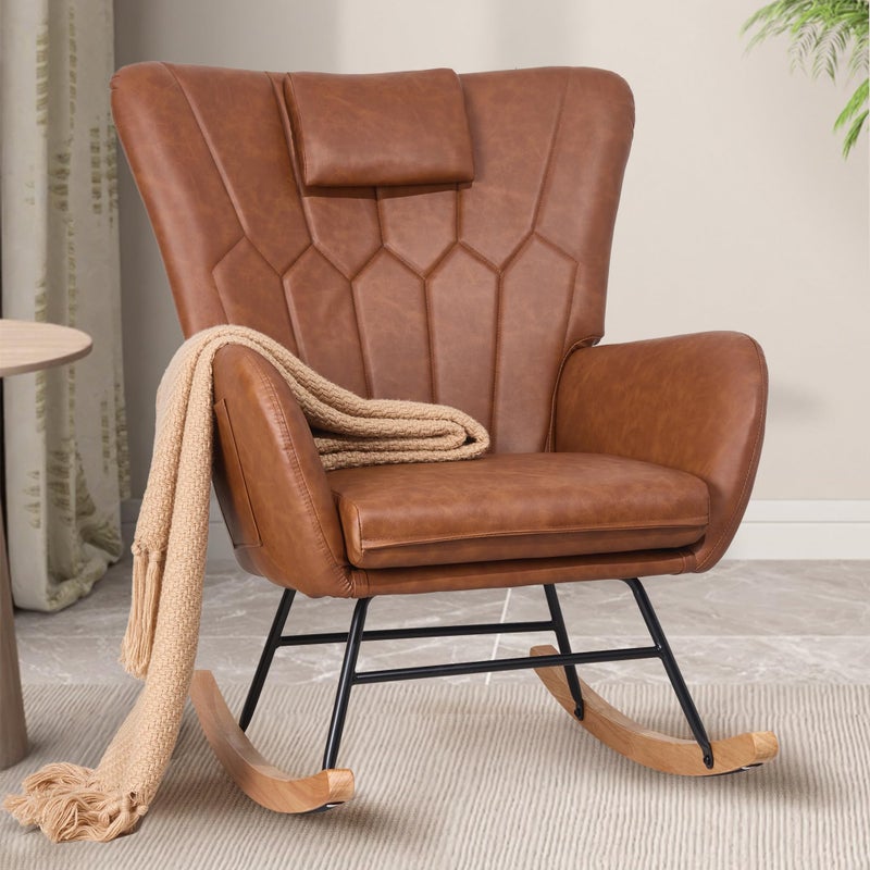 VECELO Rocking Chair Nursery with Thick Headrest, Modern PU Upholstered Reading Glider Rocker Accent Armchair with High Backrest, Padded Seat, Side Pocket, for LivingRoom, Bedroom, Baby Room, Brown - Image 1
