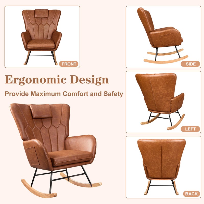 VECELO Rocking Chair Nursery with Thick Headrest, Modern PU Upholstered Reading Glider Rocker Accent Armchair with High Backrest, Padded Seat, Side Pocket, for LivingRoom, Bedroom, Baby Room, Brown - Image 5