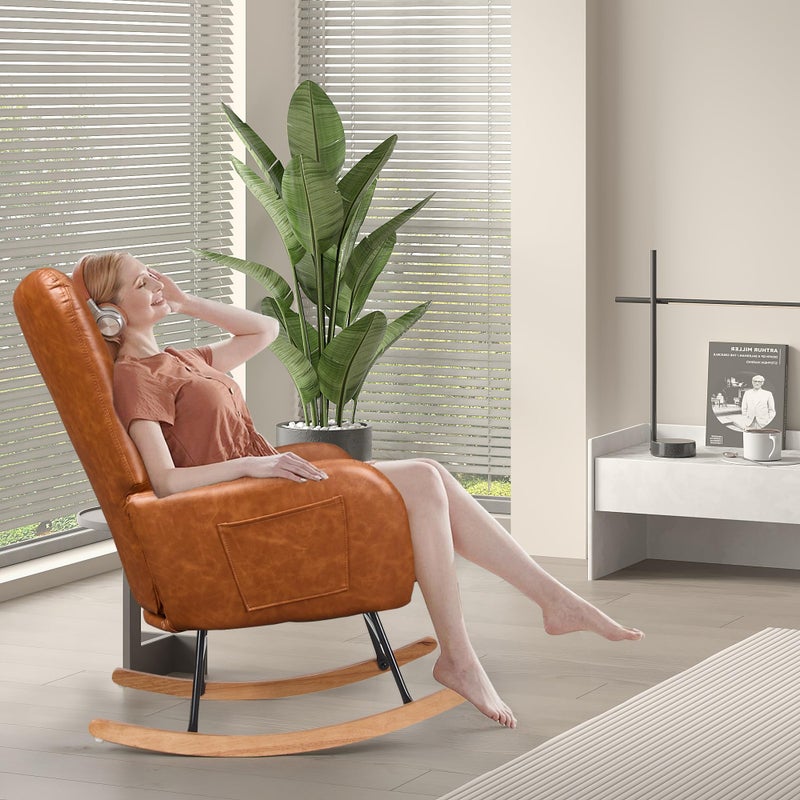 VECELO Rocking Chair Nursery with Thick Headrest, Modern PU Upholstered Reading Glider Rocker Accent Armchair with High Backrest, Padded Seat, Side Pocket, for LivingRoom, Bedroom, Baby Room, Brown - Image 2