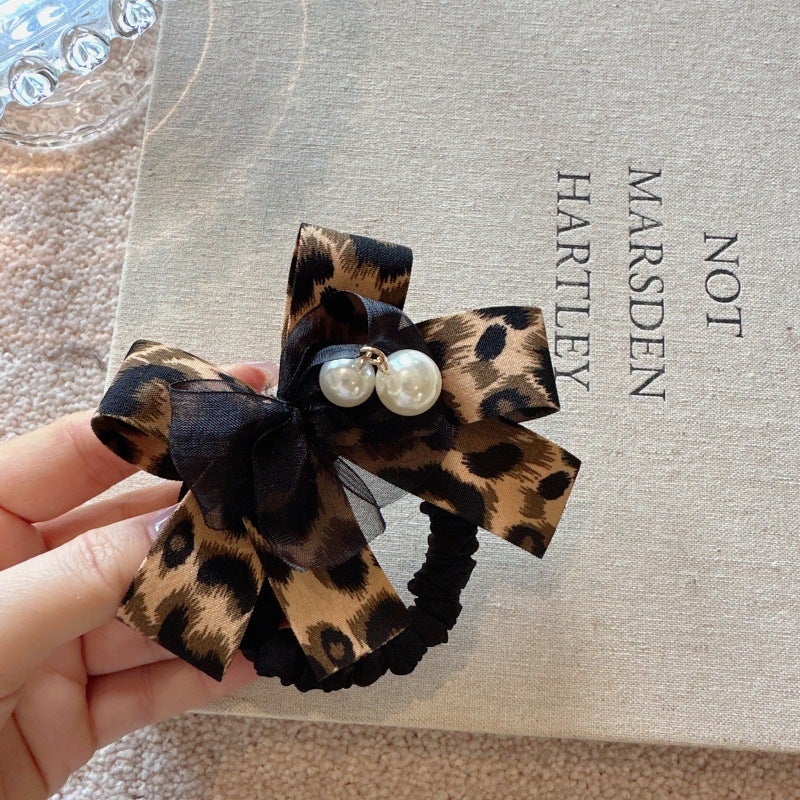 Loquat Autumn Winter Fabric Leopard Bow Pearl Hair Tie Brown