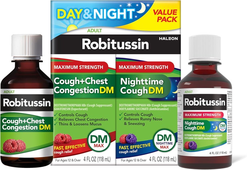 Robitussin Maximum Strength Cough + Chest Congestion DM And Maximum Strength Nighttime Cough DM, Cough Medicine For Adults, Berry Flavor - 4 Fl Oz Bottles (Pack of 2)