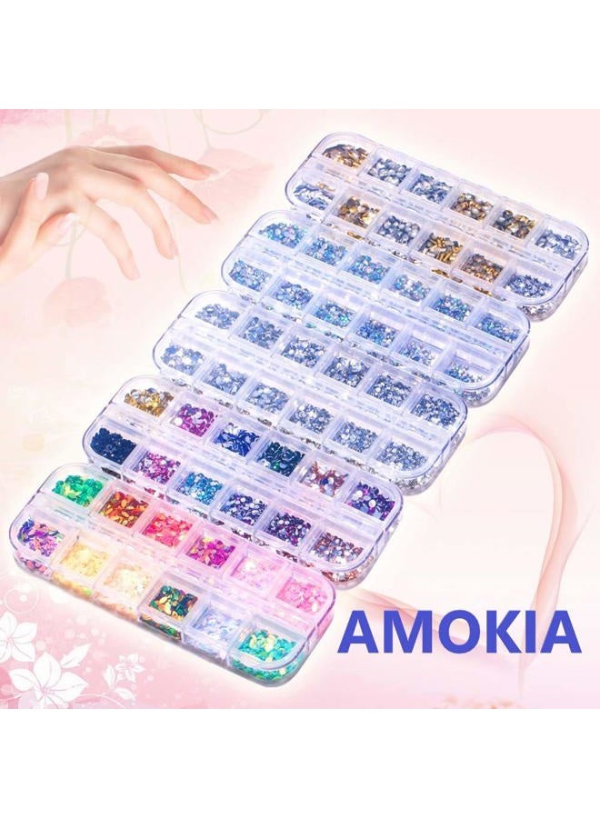 amokia 6400 قطعة من أحجار الراين لفن الأظافر، جواهر الأظافر الكريستالية، ألماس الأظافر، مسامير الأظافر الذهبية والفضية، لامعات الأظافر الملونة وأحجار الراين لمجموعة أدوات الأظافر مع ملاقط وقلم شمع لوازم وإكسسوارات فن الأظافر - Image 2