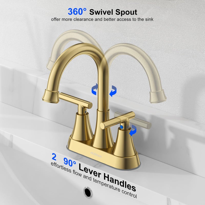 Hurran 4 inch Brushed Gold Bathroom Sink Faucet with Pop-up Drain and 2 Supply Hoses, Stainless Steel Lead-Free 2-Handle Centerset Faucet for Bathroom Sink Vanity RV - Image 5